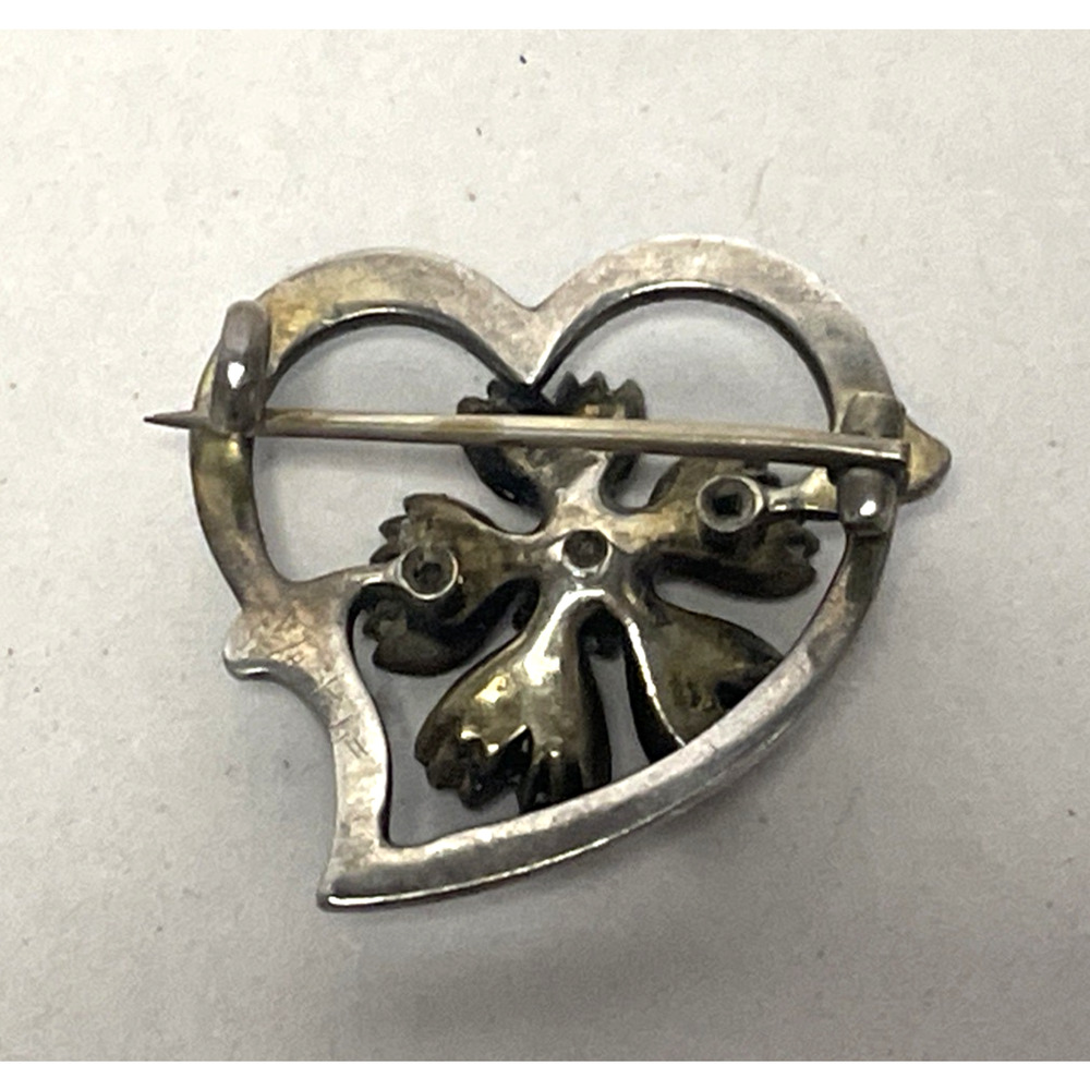 VTG Blue Guilloche Enamel Rhinestone Heart Flower Brooch Pin 1" Antique Style - Picture 9 of 12